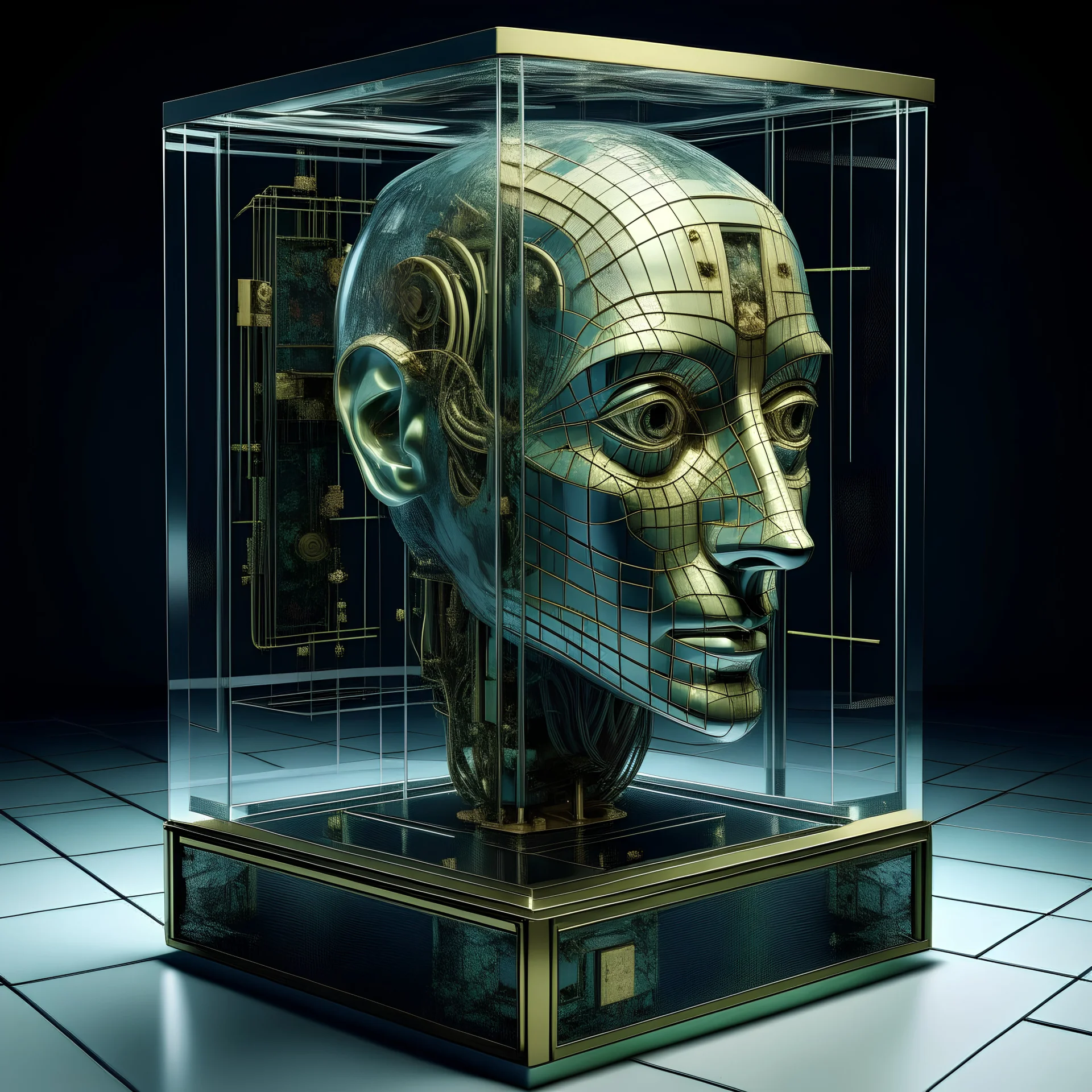 3D sculpture, glass cube display, pixel glass Ai NFT, the Pixel Witch new age cyber treasure seeker, exploring new alien realms, designed by Salvador Dali, view inside the mind, It sits right in my head, it’s profound because it’s the truth of what’s ahead of us with space travel ( the time frame, interstellar, not the science I m an artist, I can bridge gaps where there little information, with this thing called imagination) glass, orb, metal and iridescent glass temples, 🌨️🔭, mountain, ri