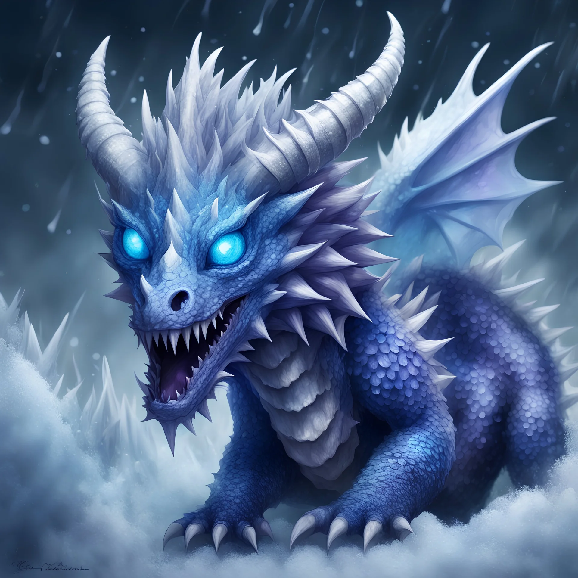 Bubblehorn Dragon with icy blue and icy violet scales covered in ice horns and many many spikes and big eerie blue eyes in Creepypasta style, best quality, masterpiece, flying in a hurricane