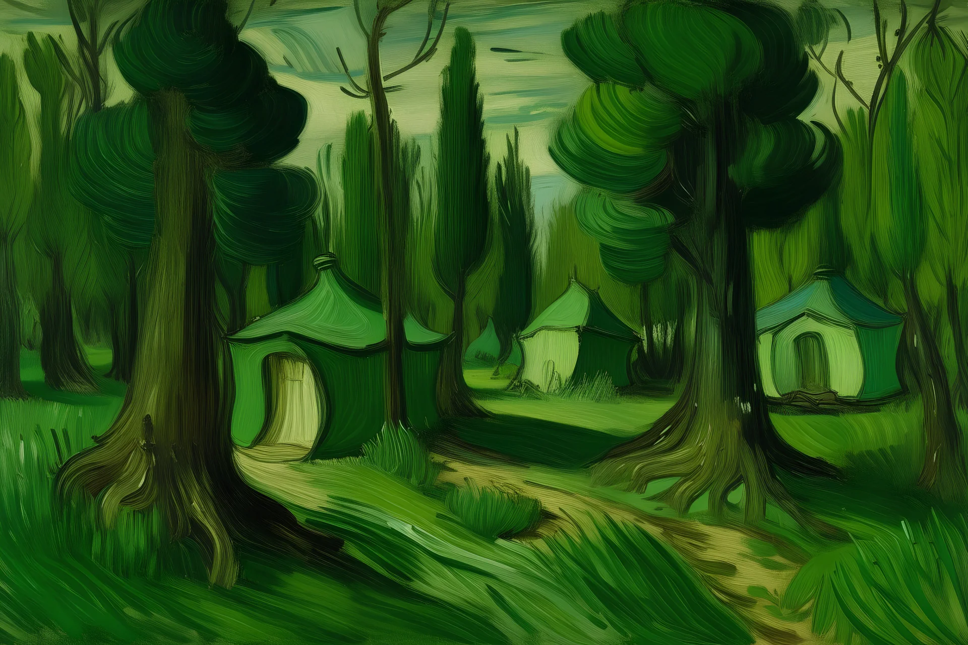 A green forest with elven huts painted by Vincent van Gogh