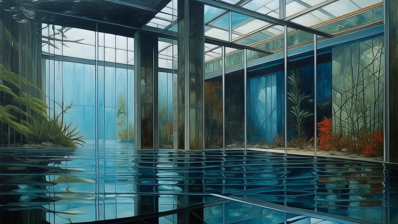 Oil painting, The severe lines and geometric forms of a brutalist exterior structure mirrored in the tranquil waters of an aquarium inside, blending the natural and artificial elements., creative, extremely detailed brush stroke