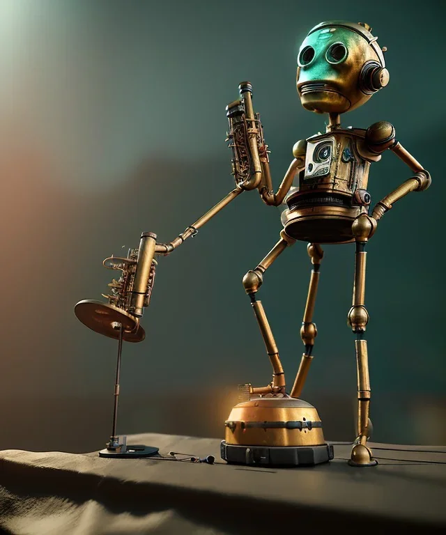 happy mechanoid person playing jazz with a steampunk theme, realistic