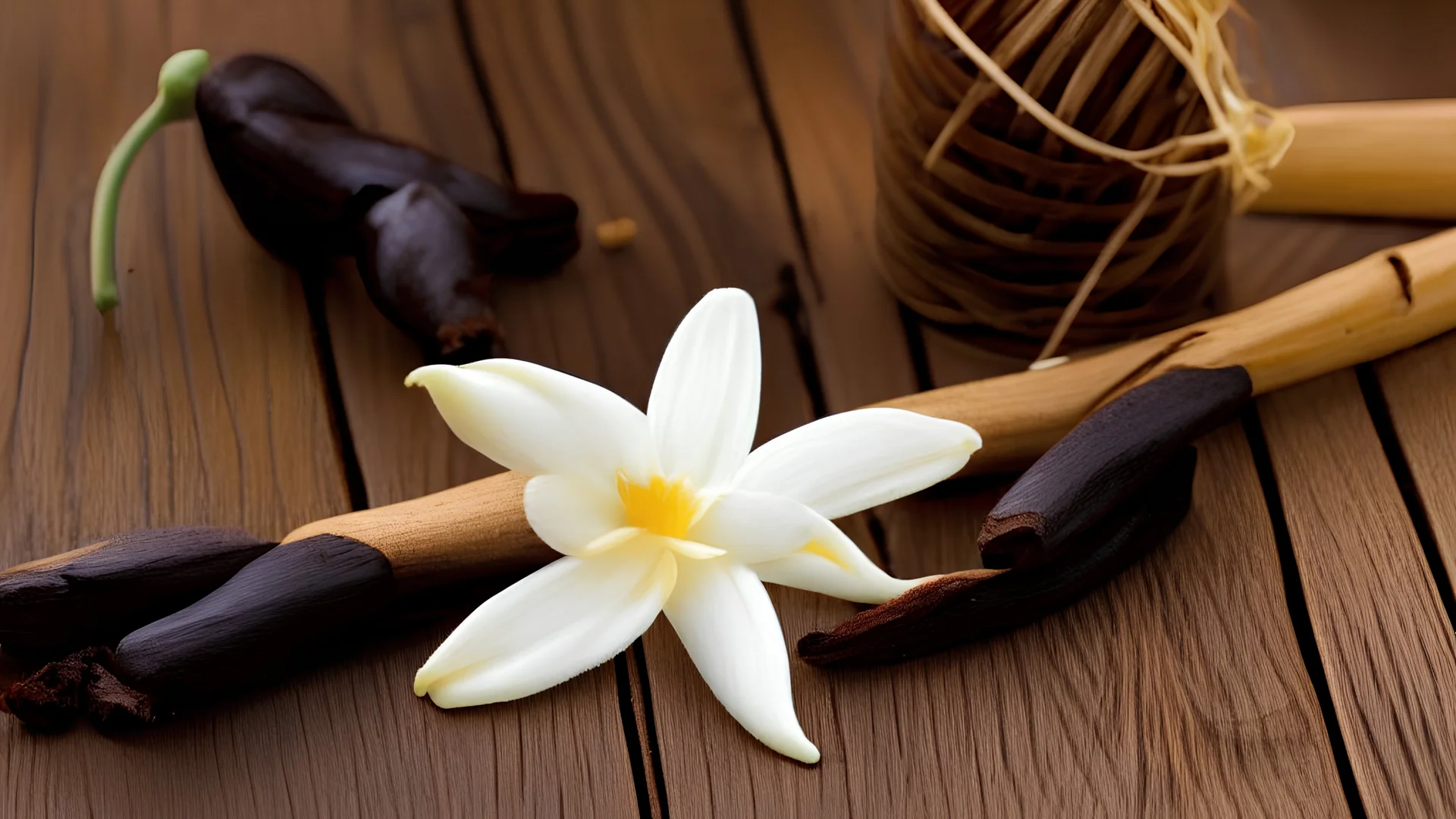 Front view of two vanilla beans and flower on a wooden table