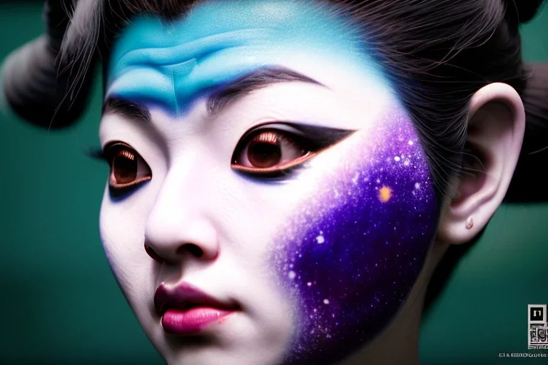 japan head portrait,geisha makeup, meditation, galaxy sky, 8k quality , portrait,beautiful ghost in the shell , post-apocalyptic in a sin city, realistic, intriacte detail, sci-fi fantasy style, volumetric lighting,24mm , particales,highly detailed,cinematic, deep purple , green eyes , unity engine, bloom,cinematic lighting,blue tone, octane render