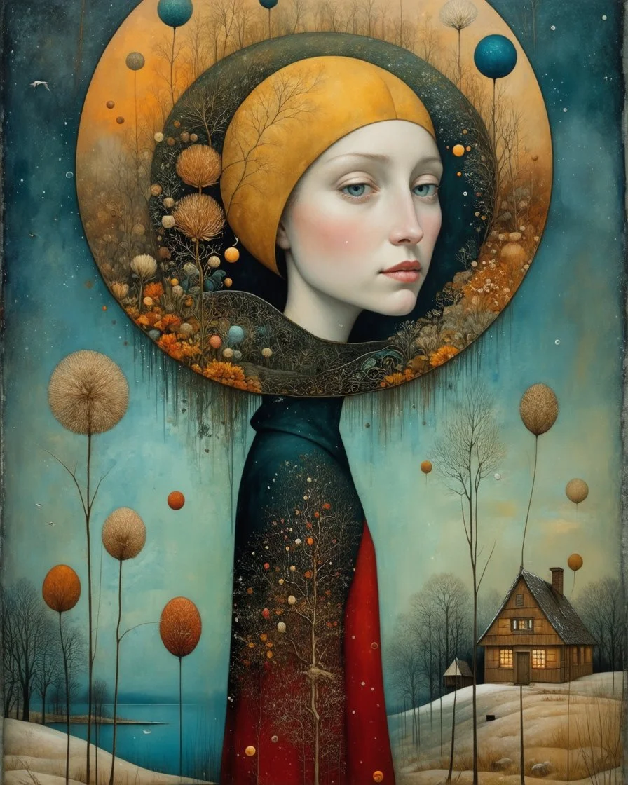 Richly textured Hieronymus Bosch, Catrin Welz-Stein, William Turner, Zdzisław Beksiński, Jacek Yerka oil on canvas zentangle line art style mix, surreal frosted fantasyland winter oceanscape, hoarfrost on trees, high grasses, snow and cottages, withered flowers, pale sunrise; paint splatter, beautiful vibrant colors, reflections, SK, flying seagulls, dramatic clouds, snowfall.