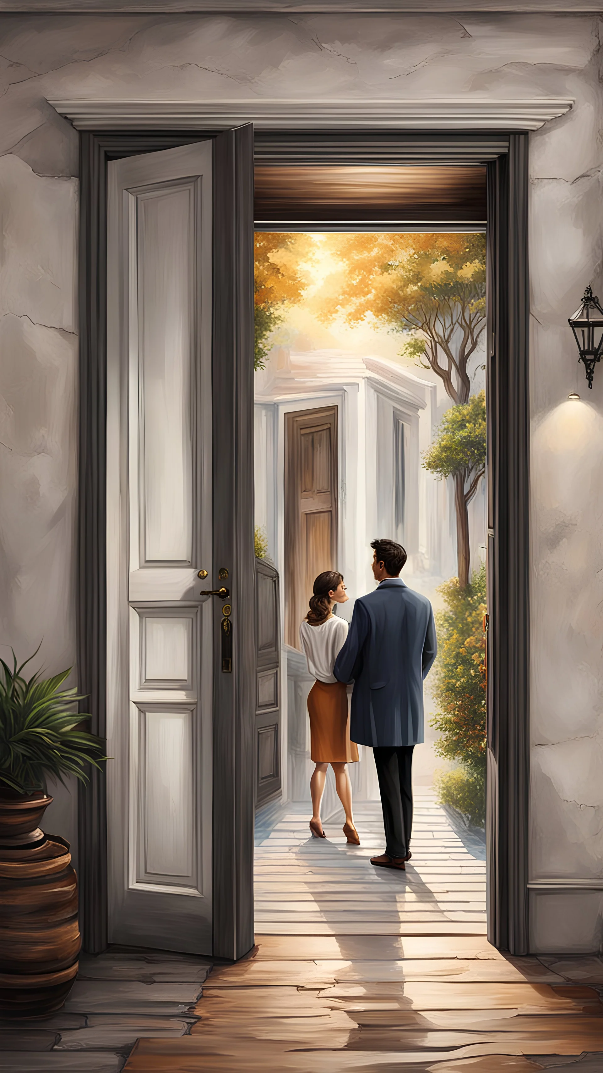 a couple standing at the threshold of a new chapter in their lives, whether it's moving to a new home, starting a business, or any significant life change. Pay attention to the realistic details of their surroundings and the anticipation in their expressions