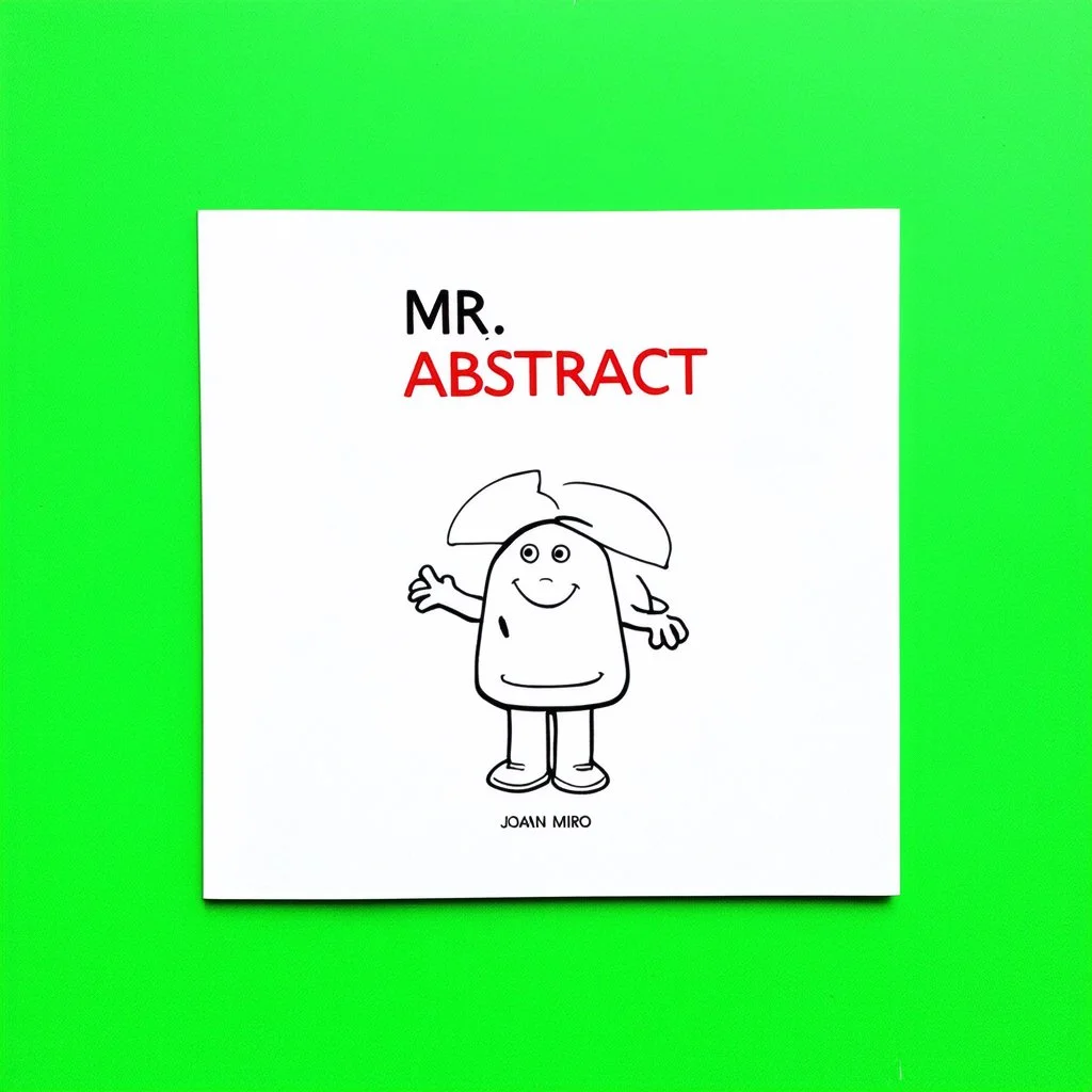 Mr. Men children's book aesthetic title text "MR. ABSTRACT" with a simple color drawing of a whimsical anthropomorphic abstract geometric constructivism reminiscent of Joan Miro, , composition in style of Roger Hargreaves, negative white space