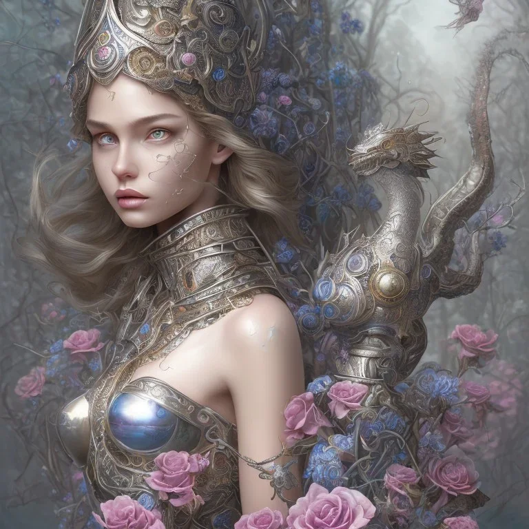 fantasy magic, intricate, sharp focus, illustration, highly detailed, digital painting, concept art, artgerm and paul lewin and kehinde wiley, masterpiece sexy lips with a smile Celtic lady body flowers head silver bright rain lady outer space pretty, pink blue