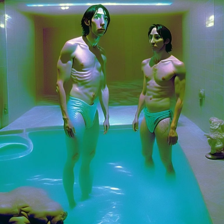 Justin long and his buf boyfriend are standing above thier pool showered spa heater while in tight loincloths and Nickolas is flexing there muscles while illuminated by the ambient teal glowing on the glowing marbled floor made of long flat marble slabs, the ground next to the clinical yard is in the style of primitive art. metalworking mastery, fawncore, the immaculately composed quality of this photo shows the artist was taken with provia, detailed wildlife, isaac grünewald, rustic simplicity