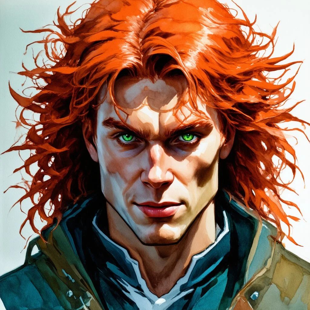 dnd, fantasy, watercolour, portrait, illustration, male, face, green eyes, determined, happy, red hair, very long hair, radiating light, five o'clock shadow