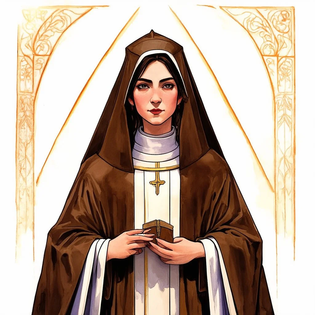 dnd, fantasy, watercolour, portrait, illustration, female, abbot, kind, merciful, cleric, characteristic, godly