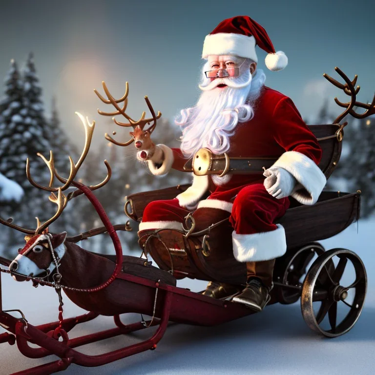 santa sitting in a steampunk sleigh pulled by 8 reindeer, 4k, highly detailed, cinematic, ultra photorealistic, ultra realistic, volumetric lighting