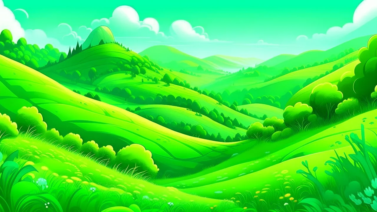 fantasy cartoon illustration: green hills of the emerald isle Ireland