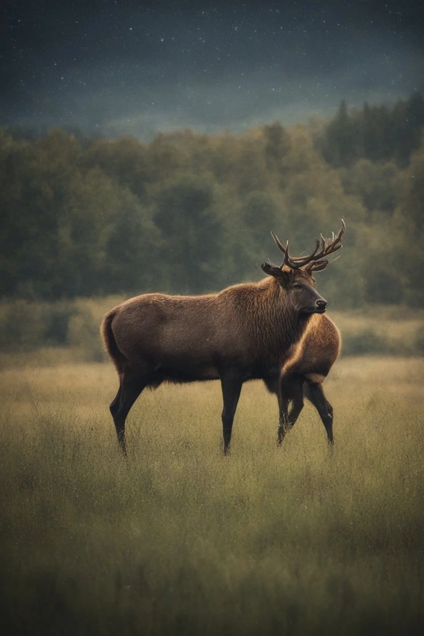 Elk in a field, 32k, UHD, Professional Photo -- Botany - Starry - Retro Pop - Dark Fantasy - Horror - Festive - Realistic - 32k, UHD, professional quality, 8 x 10 digital photograph