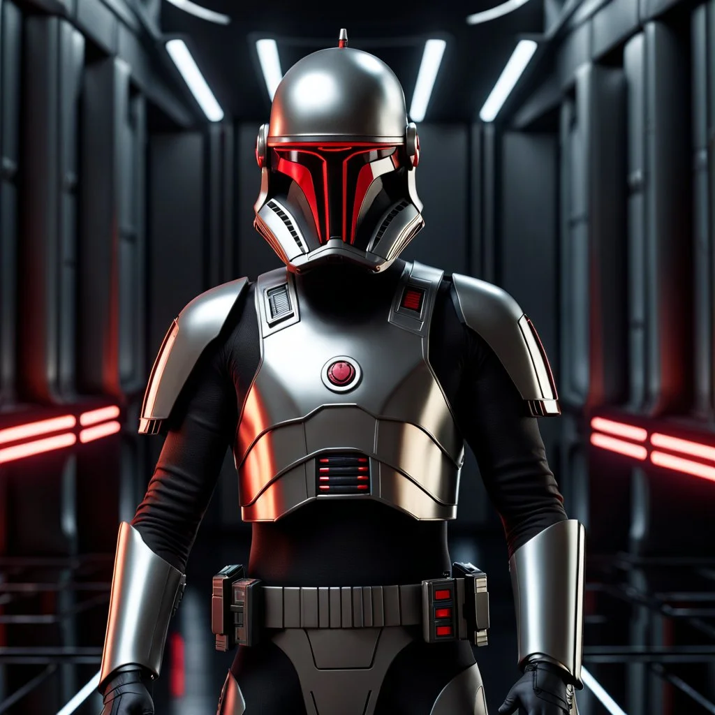 star wars bald male corellian pilot wearing pearlescent black and gunmetal grey First Order special forces heavy assault stealth commando armor and helmet with gold and red trim inside the jedi temple, hyperdetailed, dynamic lighting, hyperdetailed background, 8k resolution, volumetric lighting, light skin, fully symmetric details