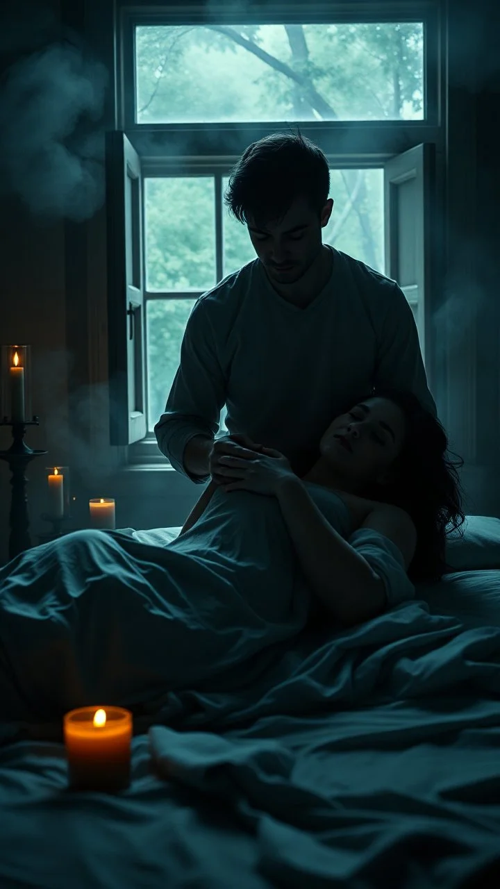 Remy Cogghe painting style, a trajectory a man holding his woman she is dying , she is laying down on bed in a foggy smoky background, in dark room with a dim candles light and a open window dark but outside light is in the room, 4k, high quality photography