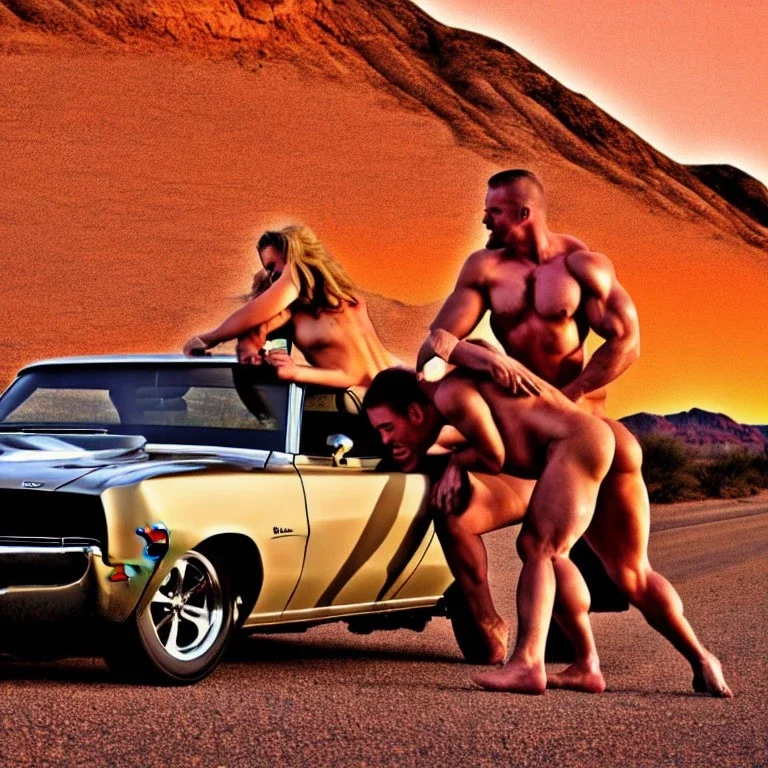 muscle car, man and naked woman making love, desert road, sunset, full colour,