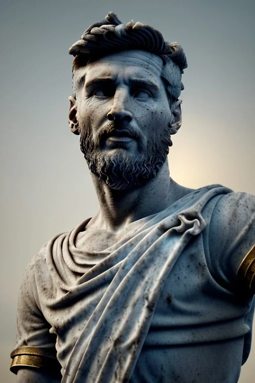 Ultra Realistic image, roman sculpture, Calacatta marble material, Lionel Messi, gold Laurel wreath, Renaissance style, miguel angel David style, chisel style, emperor, waist up portrait, epic, celestial, cinematic lighting, God light, god rays, 4k resolution, smooth details, ornate details, unreal engine 5, blue vibrant background.