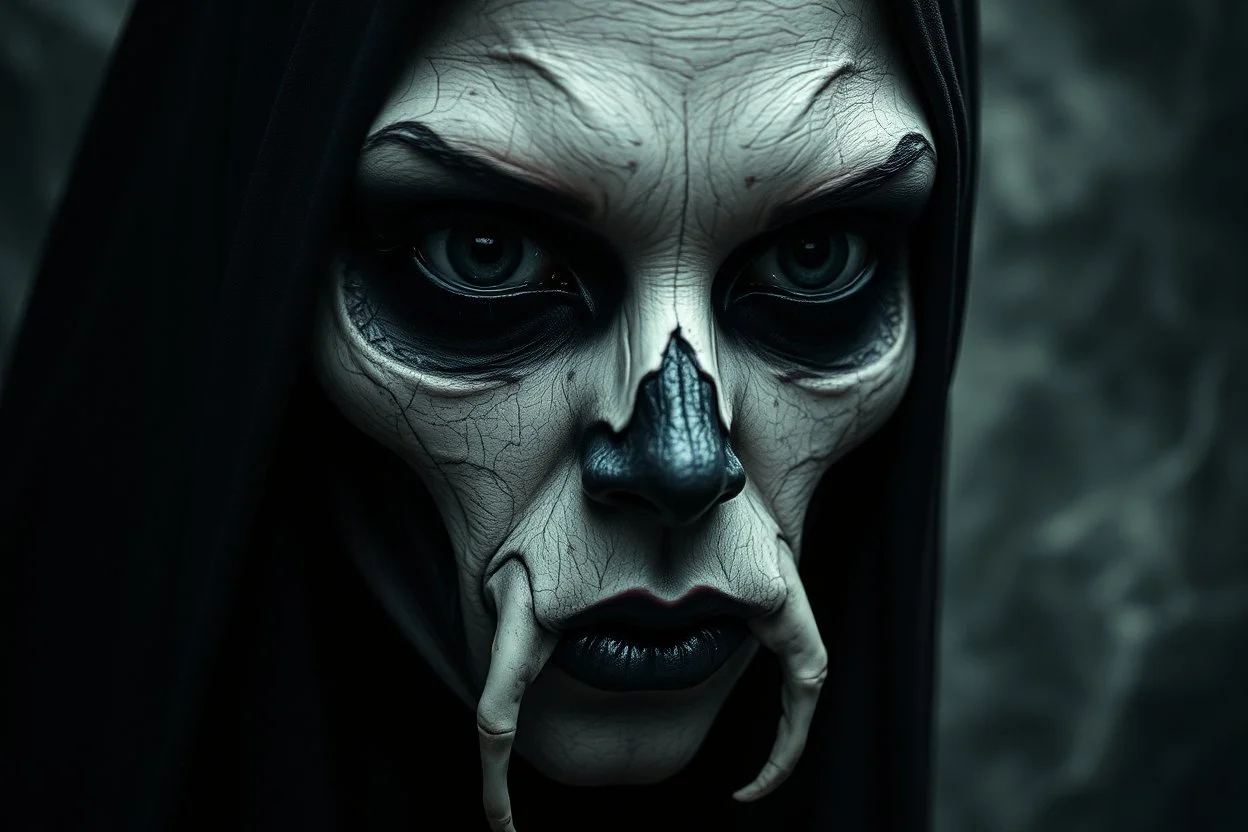 Darkness is sometimes a moment of gate into another diemnsion. The shadows rising from the depths are not merely terrifying; they are the offspring of our minds, shapes the unknown . darkness in my soul looking me, close up crepy portrait from crepy queen of darkness, black eyes, death woman-like creature phantom, portrait, shadows, dark, surreal, thiller, background storm in vortex, onix, bones, marble, etheral, intricate details, sharp focus, dark fantasy