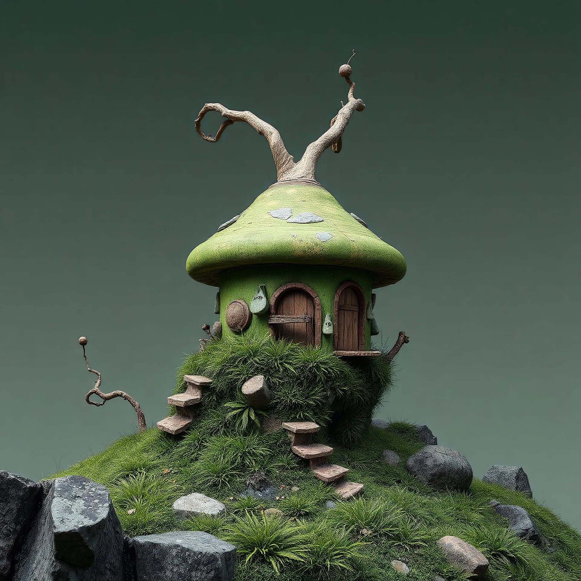 Mushroom House: A weathered, green mushroom abode on a grassy asteroid, a single, sturdy mycelial strand connecting it to a larger, unseen landmass. Color Palette: Earthy greens, browns, with subtle hints of blue. Lyric Reference: "Take me to the place I love, take me all the way" (Under the Bridge - Red Hot Chili Peppers).