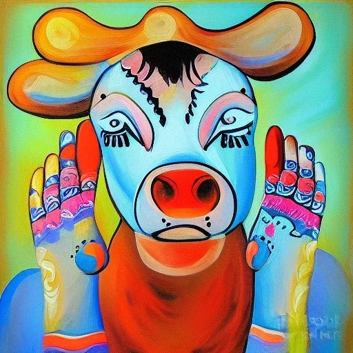 cow with hands and wings in India painting style