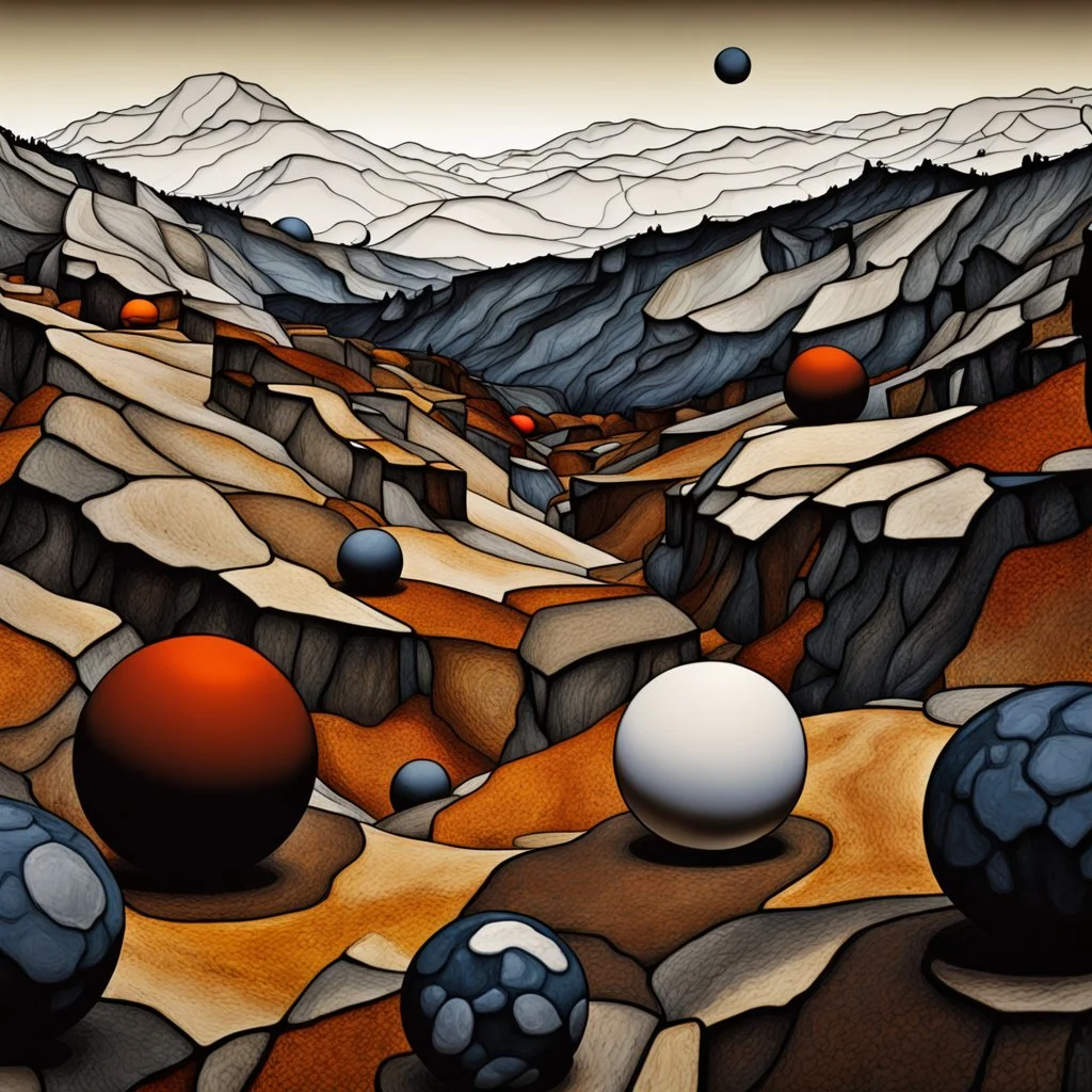 Spooky detailed landscape, strong texture, extreme detail, high contrast, rich colours, Egon Schiele, spheres, 3d, 4k