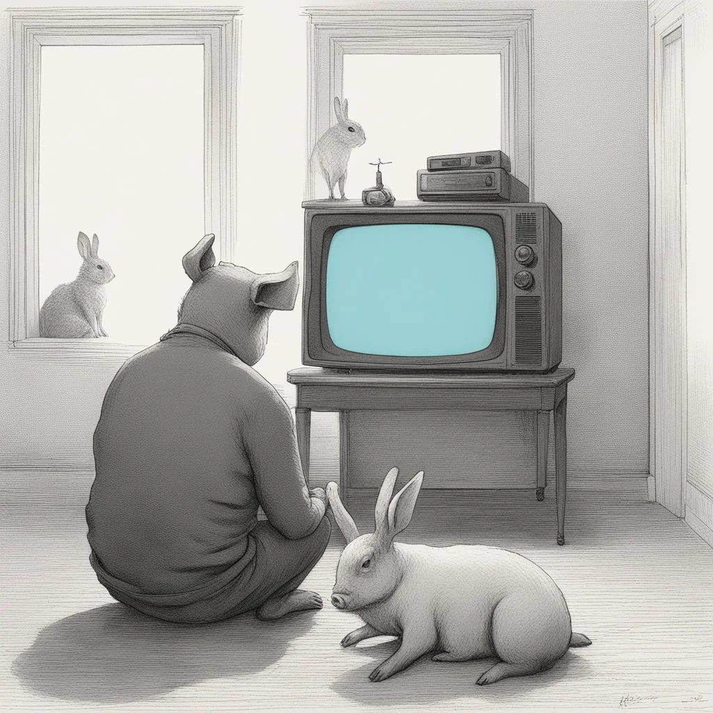 pig watching a tv about video game persona with a rabbit playing music beksinski style