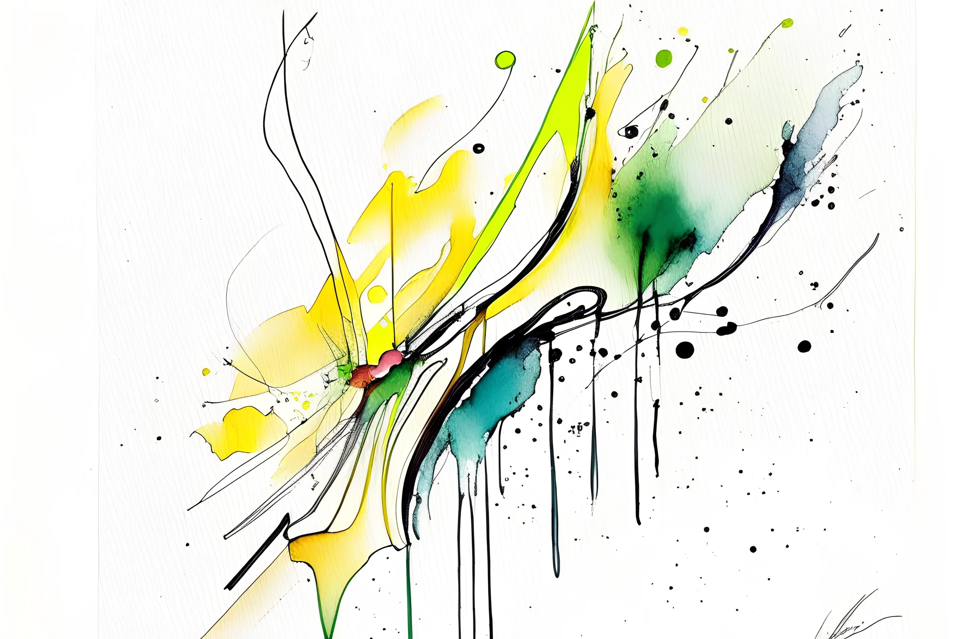 Abstract wet watercolour, one line drawing