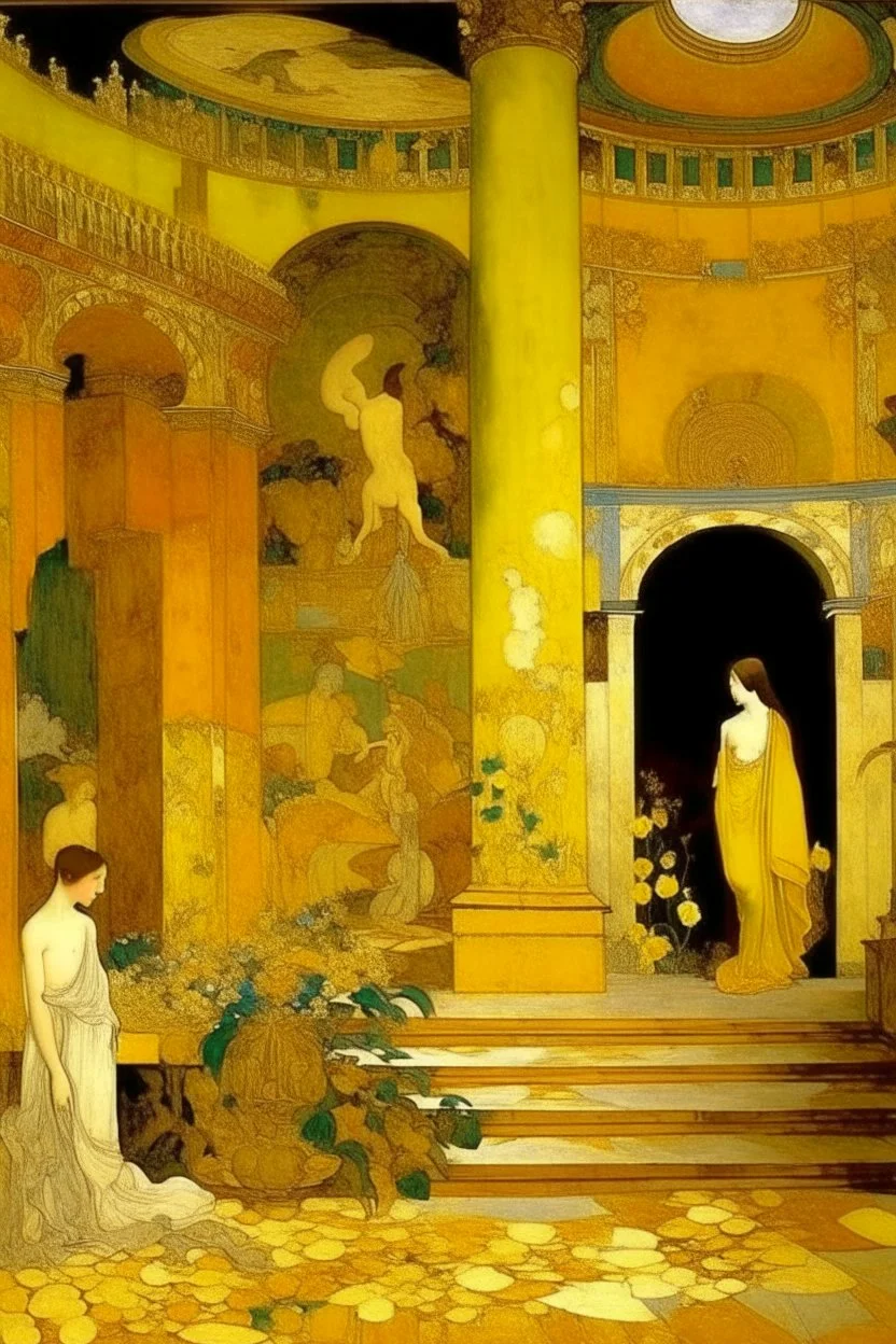 A yellow heavenly ruins designed in ancient Roman mosaics painted by Edgar Degas