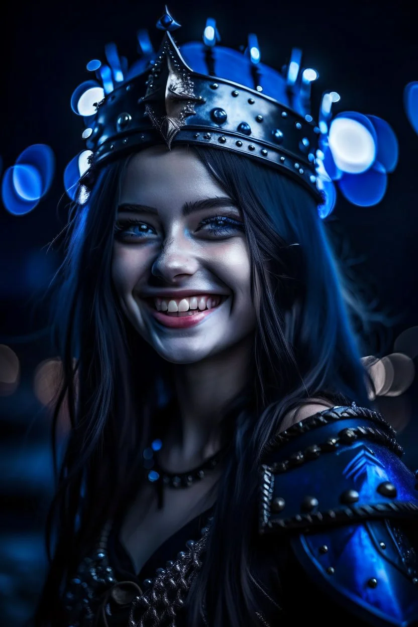 pretty young girl, good body, greath blue eyes, blue long haired, dressing a black armor, tiara, big smile, intense look, darknight sky background.