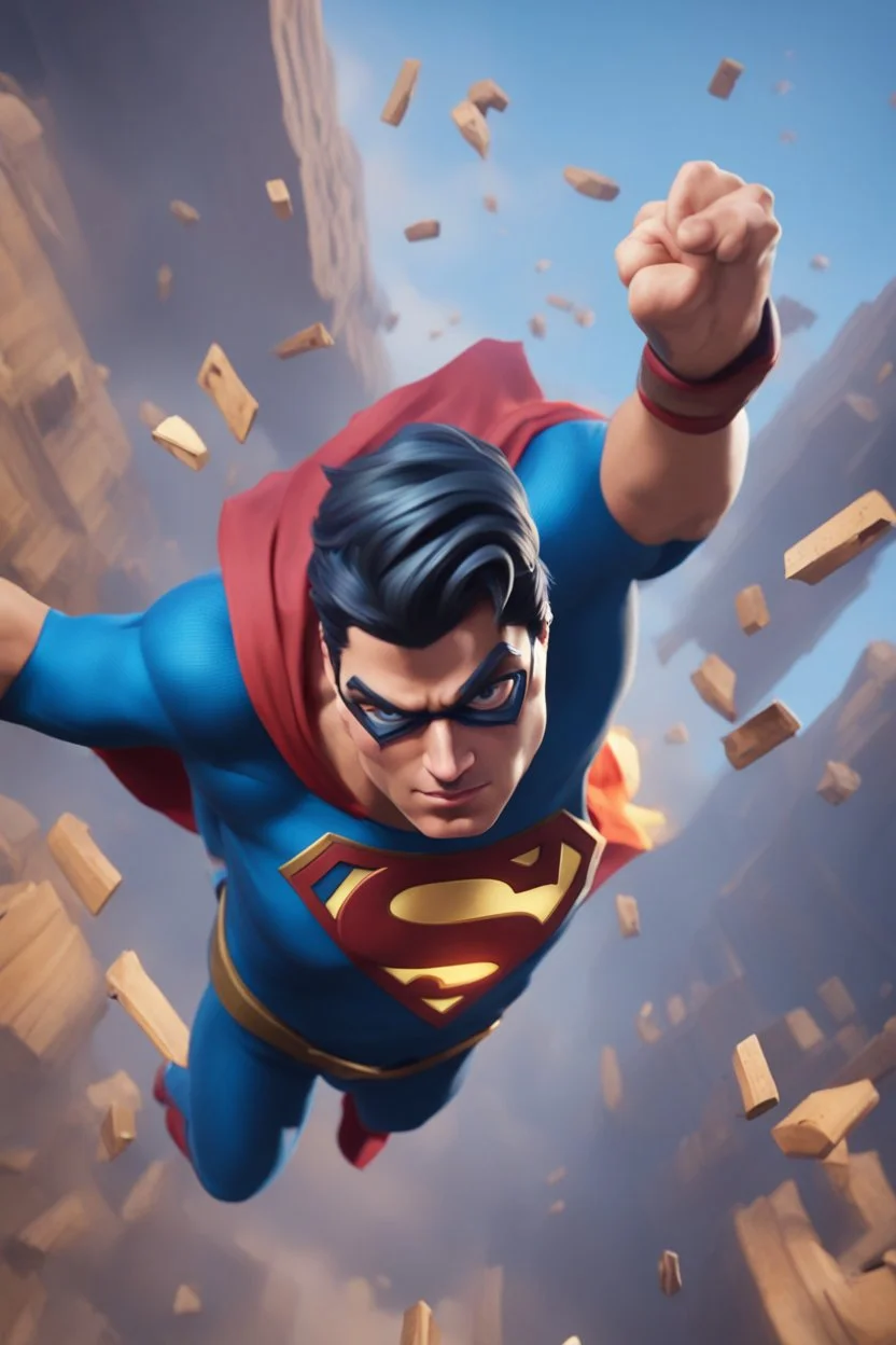 Create a picture of supermanfalling from the skye to a pit animated like fortnite