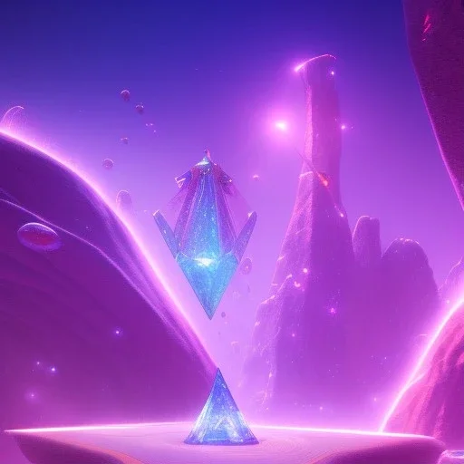 a crystalised blue pink spaceship, gold, diamonds, lightbeams, cosmic background, atmospheric, realistic, unreal engine, 8k. Cinematic lighting, octane render.