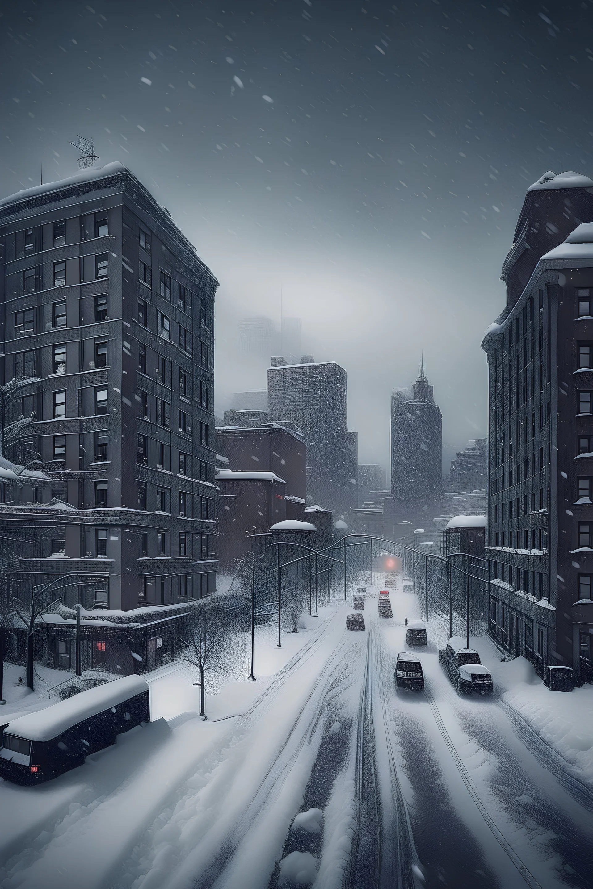 city ​​with snowstorm