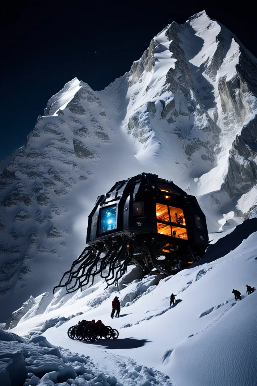 silhouette of a eight legs machine scaling a very steep snow covered side of mout everest at night, it has storage pods on its belly and humans can fit in the pods