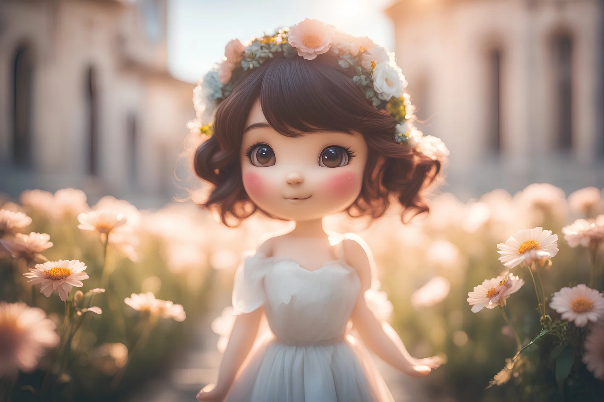 cute chibi brunette fairy, flowers, in Pisa, Italy in sunshine, ethereal, cinematic postprocessing, dof, bokeh