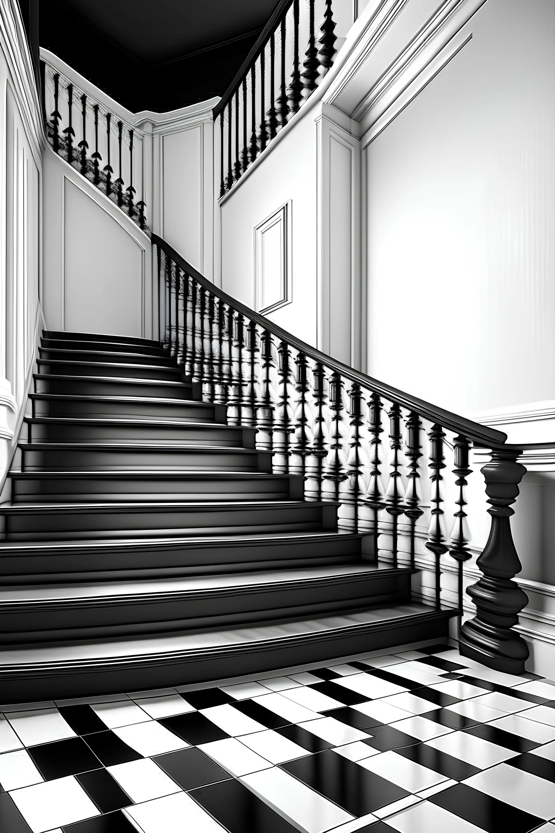 "Create a 2D illustration of a black-and-white staircase, reminiscent of a chessboard. Eliminate perspective, giving the steps a flat appearance. Despite their uniform look, infuse each step with subtle variations or surprises. Craft a visually engaging composition that plays with the deceptive nature of the stairs in this intriguing, perspective-free design."