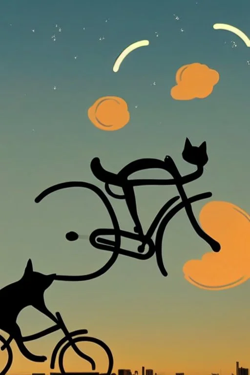 A pedaling cat riding a bicycle is flying at night in the sky over tall buildings.