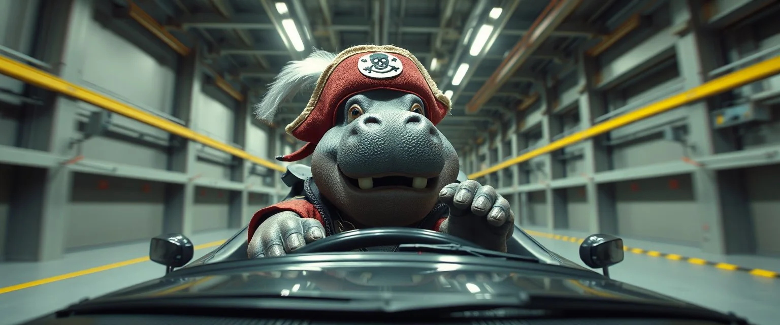 car driving happy 2d fluffy pirate orc hippo in the style of Escher and Giger and Fallout 4, pinhole cam, airbrush 3d rendering, on tv screen:A five-second cinematic single take in a clean industrial presentation hall.