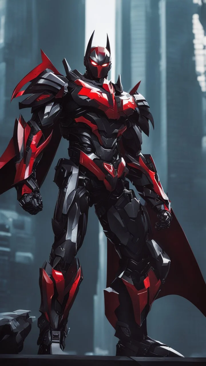 A close picture to Mix between symbiote and machine and batman in transformers cyborg with black metal and red details armor in solo leveling shadow art style with red details detailsis in fantasy world