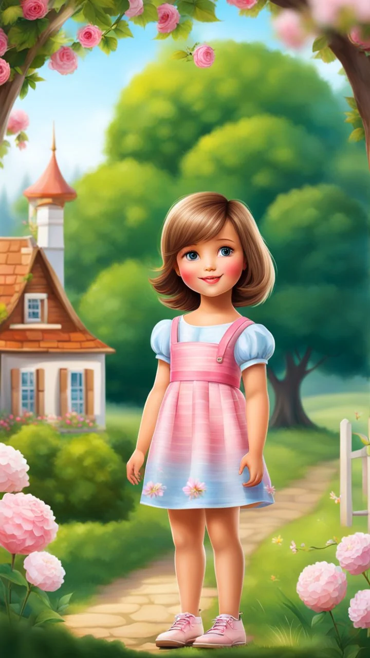 a 5 percent carton like child girl with realistic face and bob hair and makeup in pretty top and short tight and nice shoes,looking like a beautifull lady standing in country side next to country house with flowers,trees.