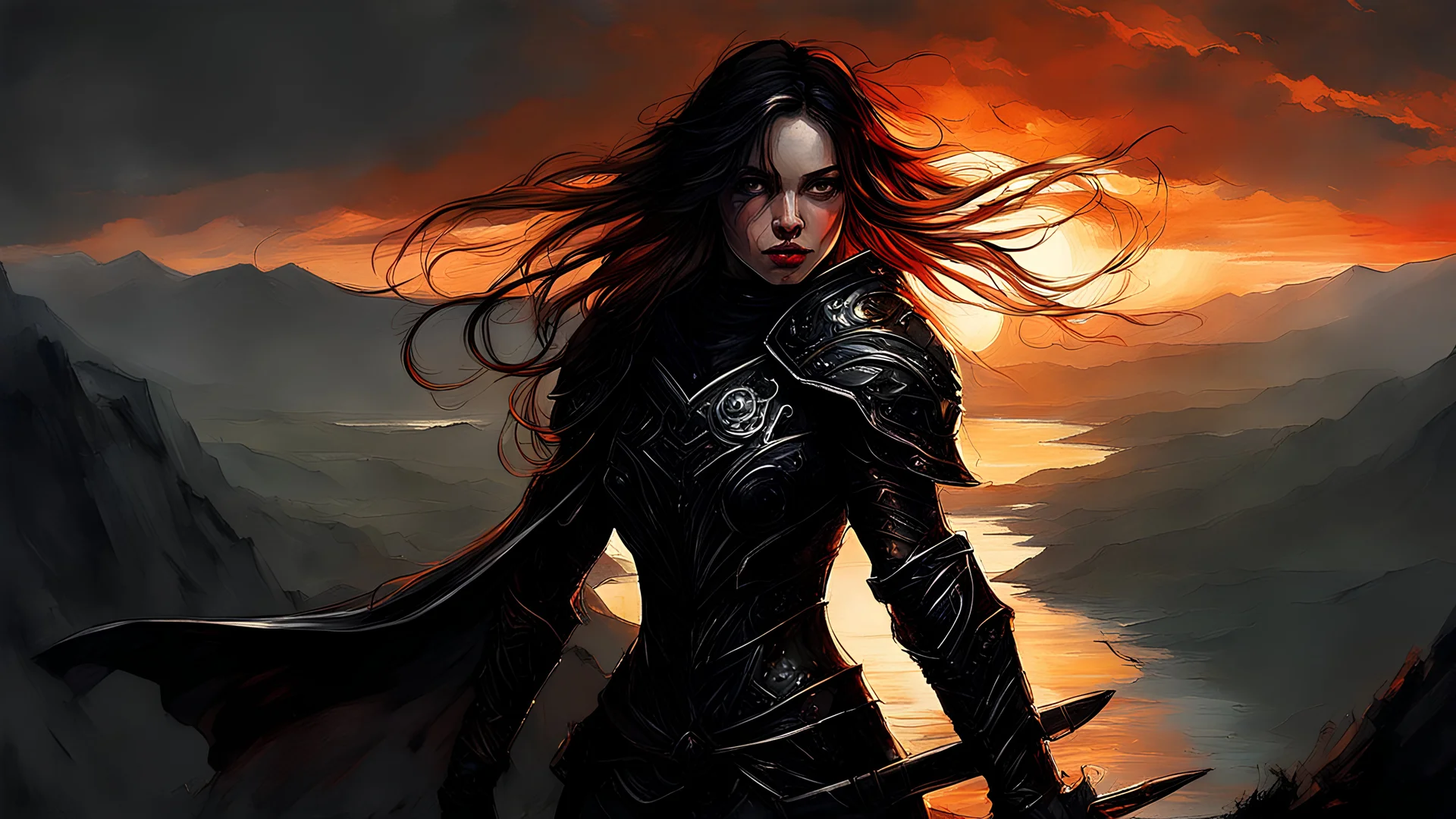 A formidable warrior girl in black armor, on the background Amazing gloomy landscape, flooded with sunset, mountains, trees, fabulous scary hero, , juicy emotions, painting, dark fantasy, gloomy day, dark world, portrait, by Alyssa Monks & Raymond Swanland & James Paick & Anna Razumovskaya