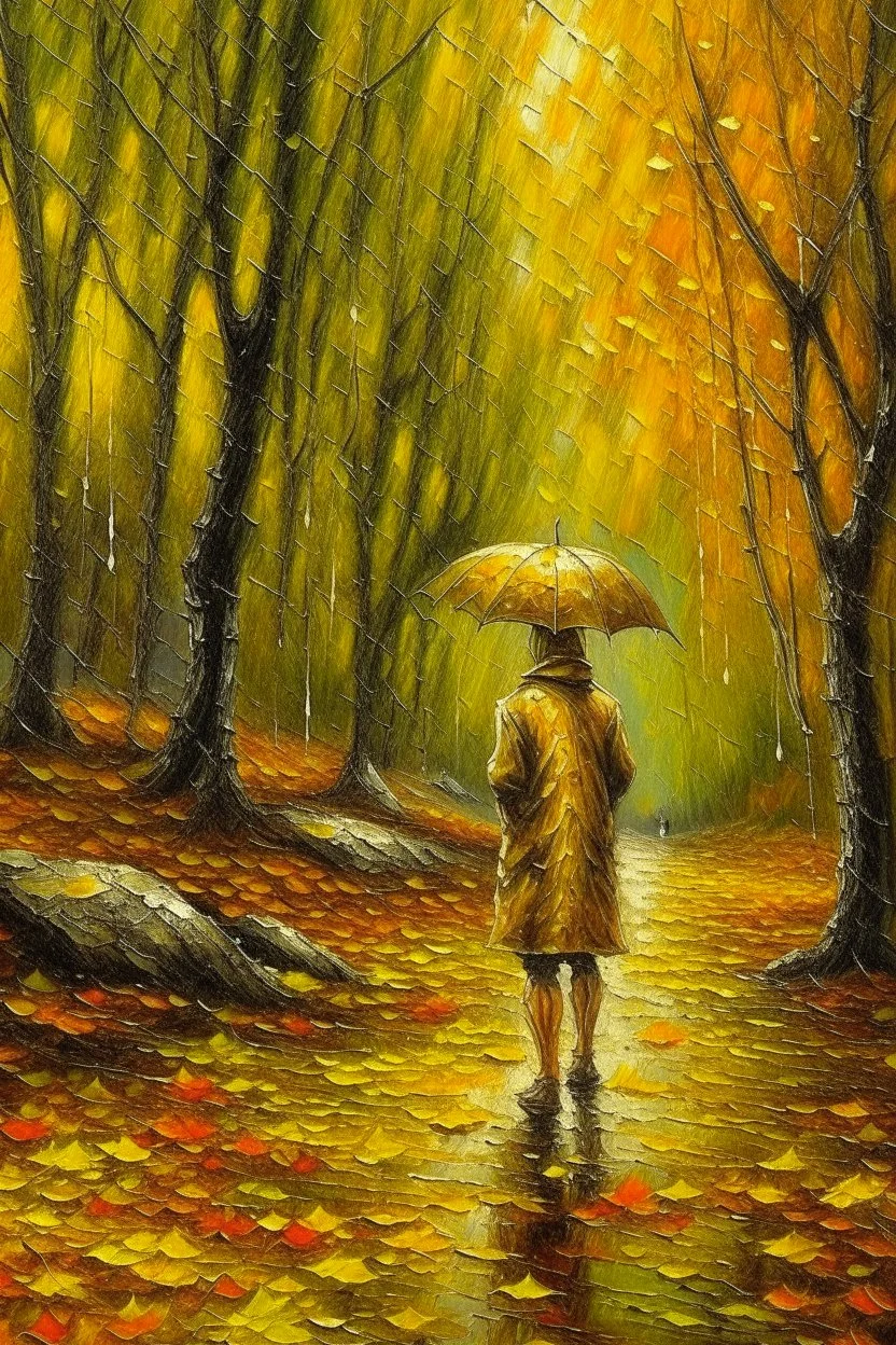 Rain falls and turns everything in front of him into gold Oil painting