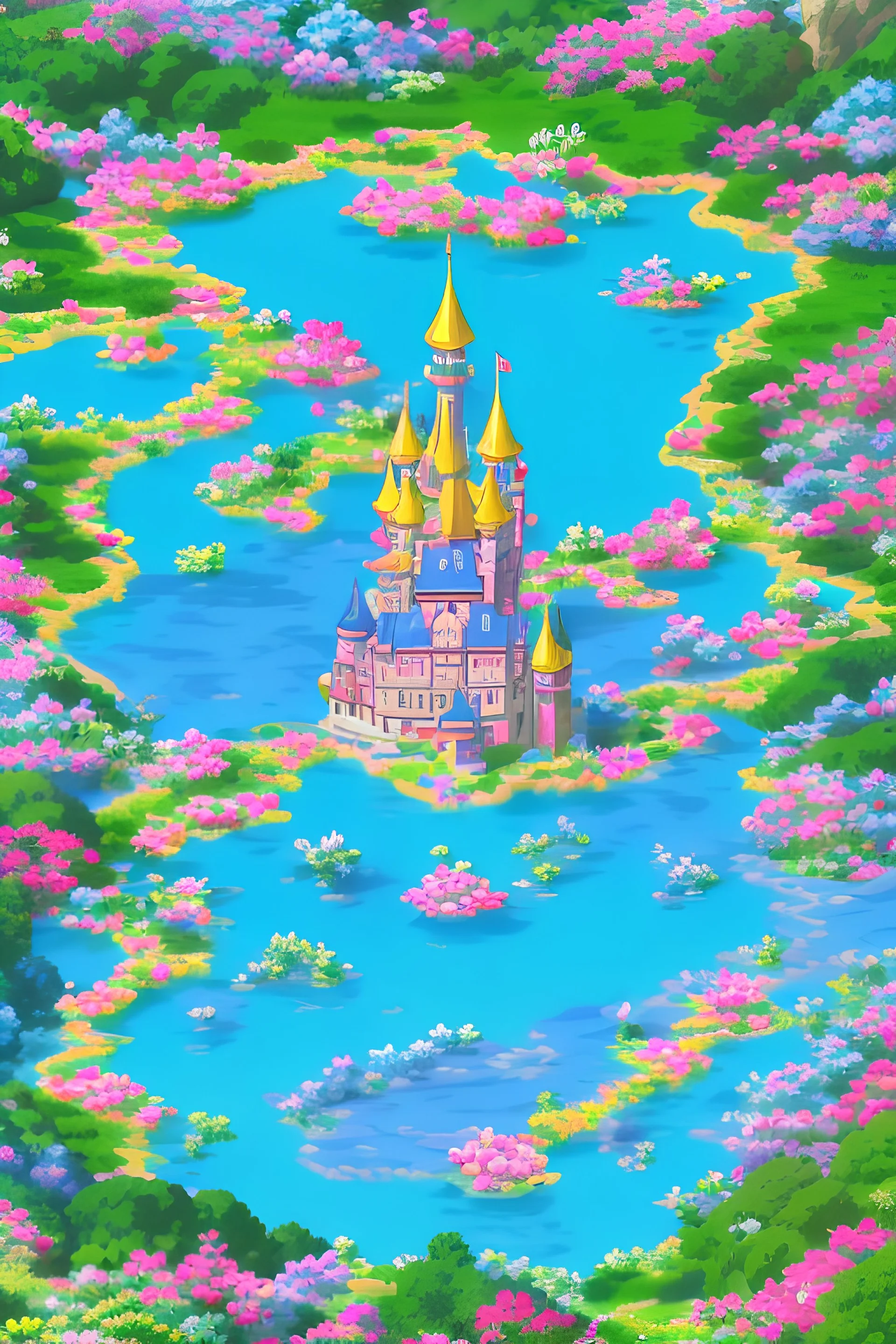 castle, fantasy land, unicorn, Beautiful , deesse, flower border, flowers, happy cosmic, bright colors,, very blue, pink, gold, jewels, realistic, photo real, clear smiling background, beautiful highly detailed, high contrast, high definition, unreal engine 5, extremely sharp detail, light effect, sunny light background