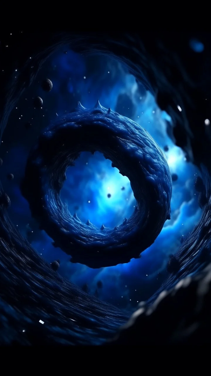 Intense cold dark blue Hole explosion in deep space. Hole apocalypse wipes out Universe. Cold blue cloudy hole collision explodes in outer space.a shape of devilish dark body with hood in the hole like sucked in side Epic galaxy with growing black hole. Cinematic interstellar