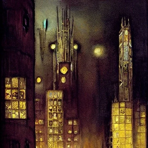 Fritz Lang Metropolis, detailed facades ,dark colours, watercolor, by john atkinson Grimshaw, detailed painting,matte painting, alphonse mucha, greg rutkowski