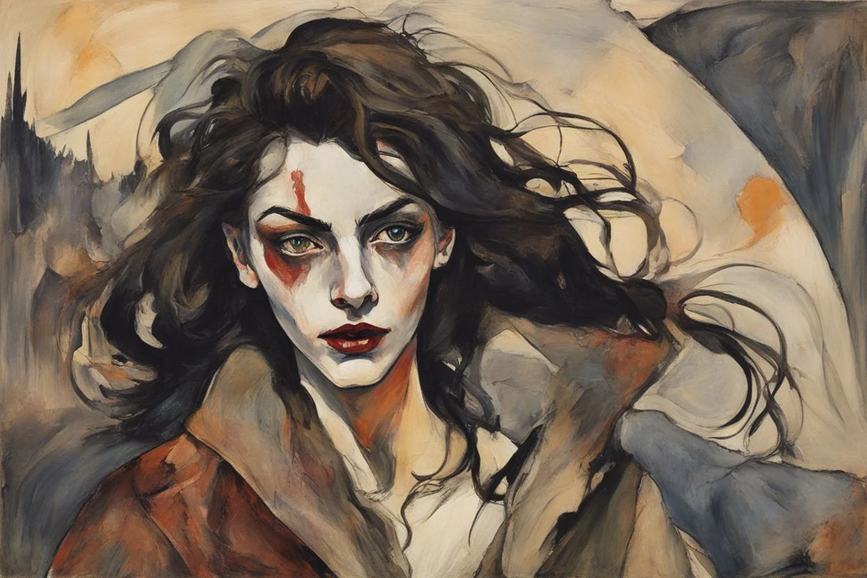 Painting of a vampire girl, in the Expressionist style of Egon Schiele, Oskar Kokoschka, and Franz Marc, in muted natural colors