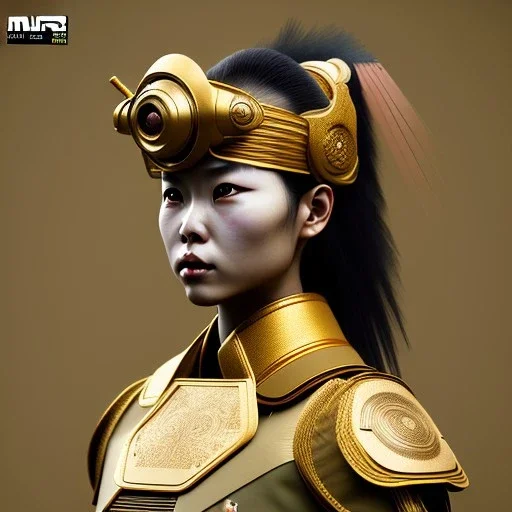 Japanese woman, rounded face, black, gold, samurai helmet, decorative color feathers, retro, bamboo, leather, soft color, highly detailed, art stations, concept art, smooth, unreal engine 5, god rays, ray tracing, RTX, lumen lighting, ultra detail, volumetric lighting, 3d, finely drawn, high definition, high resolution.