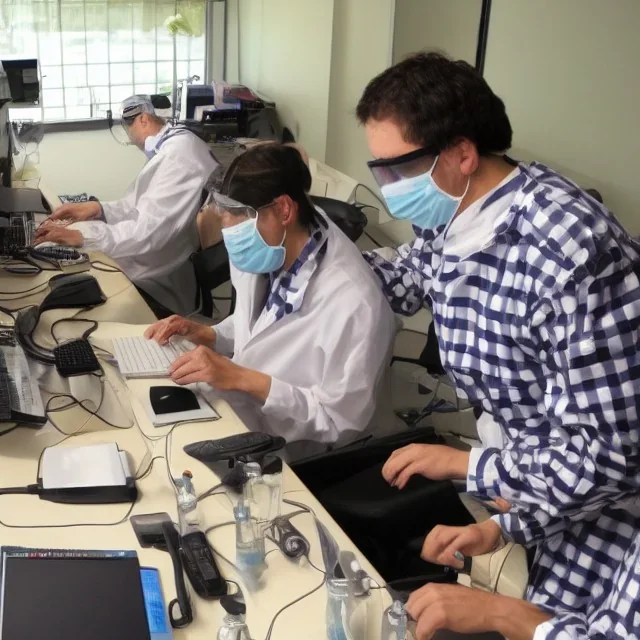 scientists at the computer in carnival masks. the masks are checkered.