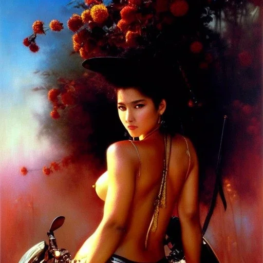 portrait beautiful face 'Jibaro on Akira Bike(1988)',busty,ancient metal armor balanciaga fashion clothe painting by gaston bussiere, greg rutkowski, yoji shinkawa, yoshitaka amano, tsutomu nihei, donato giancola, tim hildebrandt, oil on canvas, cinematic composition, extreme detail,fit full head inside picture,16k