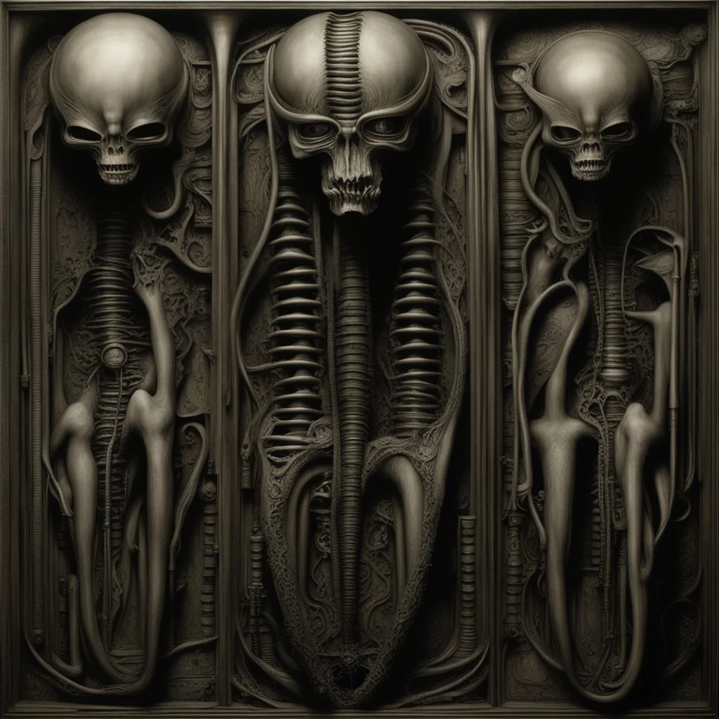 HR Giger's biomechanical art often features dark, erotic, and surreal elements that can be interpreted as having BDSM (bondage, discipline, dominance, submission, sadism, and masochism) undertones. The fusion of organic and mechanical forms in Giger's work can evoke a sense of power dynamics, control, and submission, which are common themes in BDSM. Giger's art, including his famous creation, the biomechanical alien from the "Alien" film series, is known for its sexual and fetishistic imagery.