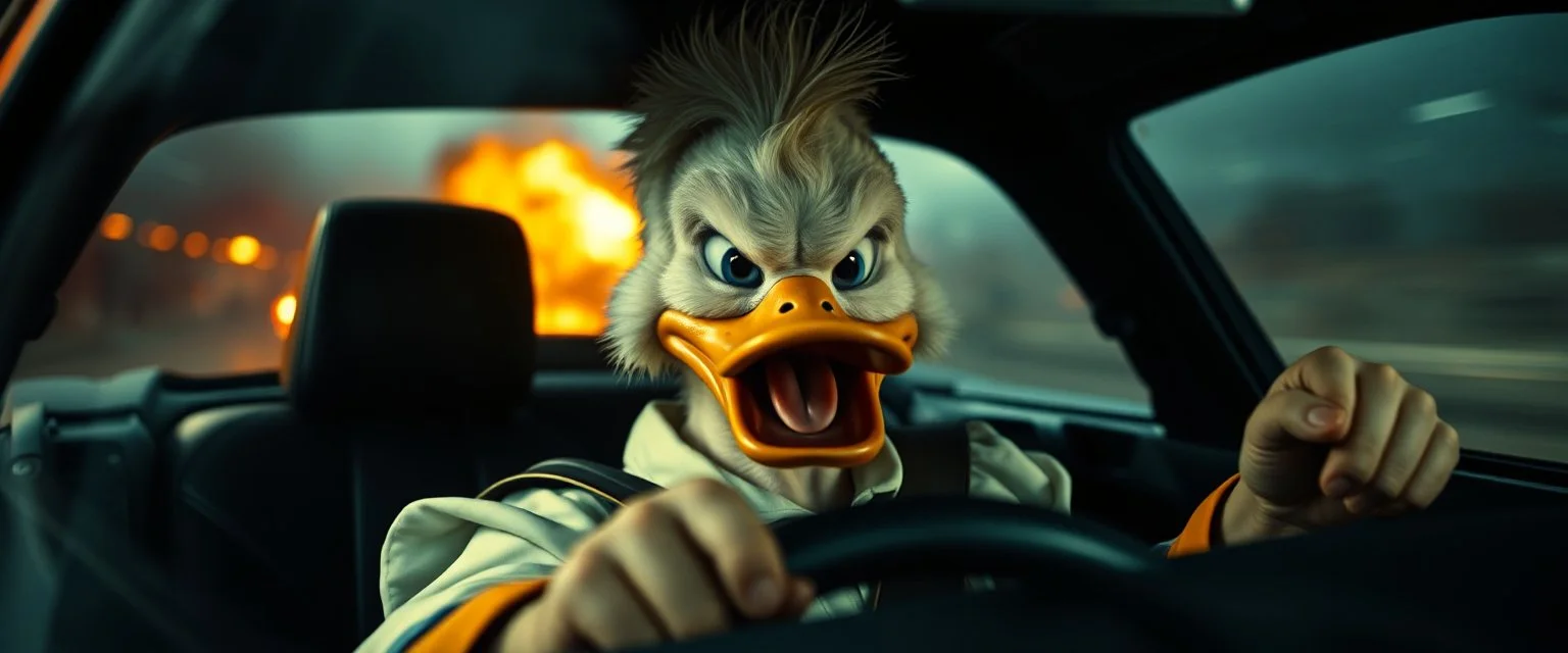 Donald master mafia boss fikk noe av stoffet til å detonere ved ett uhell. Når Donalditt brukes som drivstoff, utløser det vanvittige krefter. In the style of Rembrandt and Fallout 4, Donald in a fast car. Background blur. Movie poster. Wild look.Mad mad and furiosa as ducks.